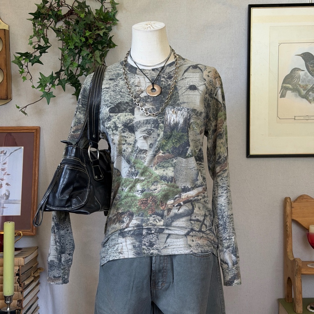 Fitted Green Mossy Oak Camo Long Sleeve Tee Gorpcore Small Layering Y2K Pocket